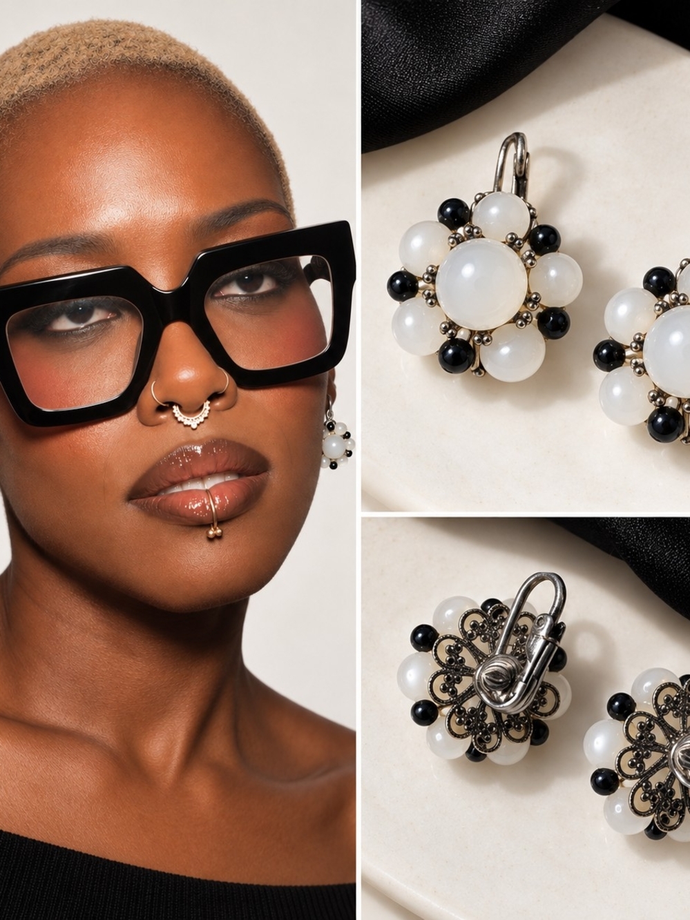 White and Black Beaded Flower Drop Earrings Clip-On Earrings - Women Accessories